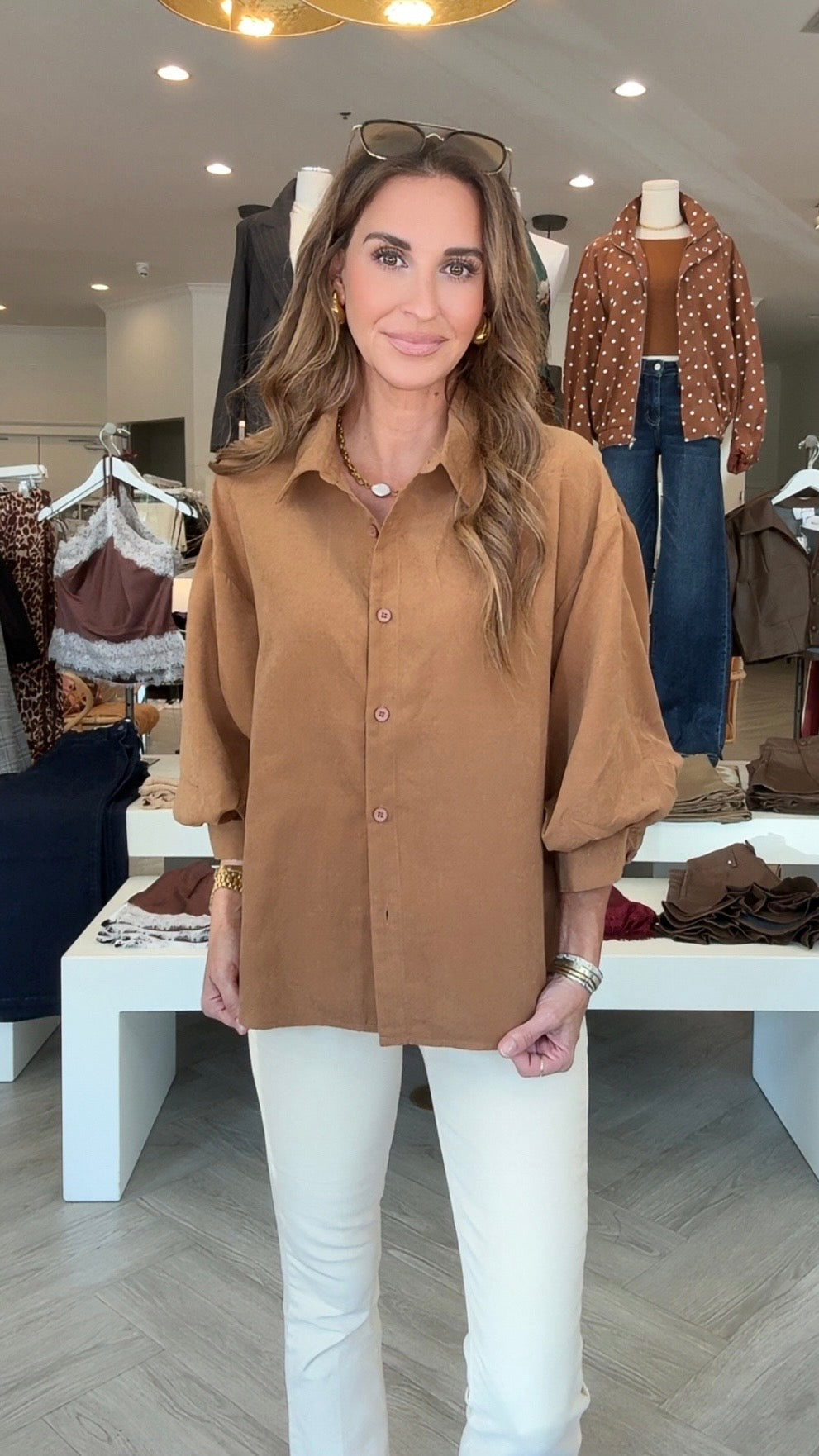 Camel Suede Bubble Sleeve Top