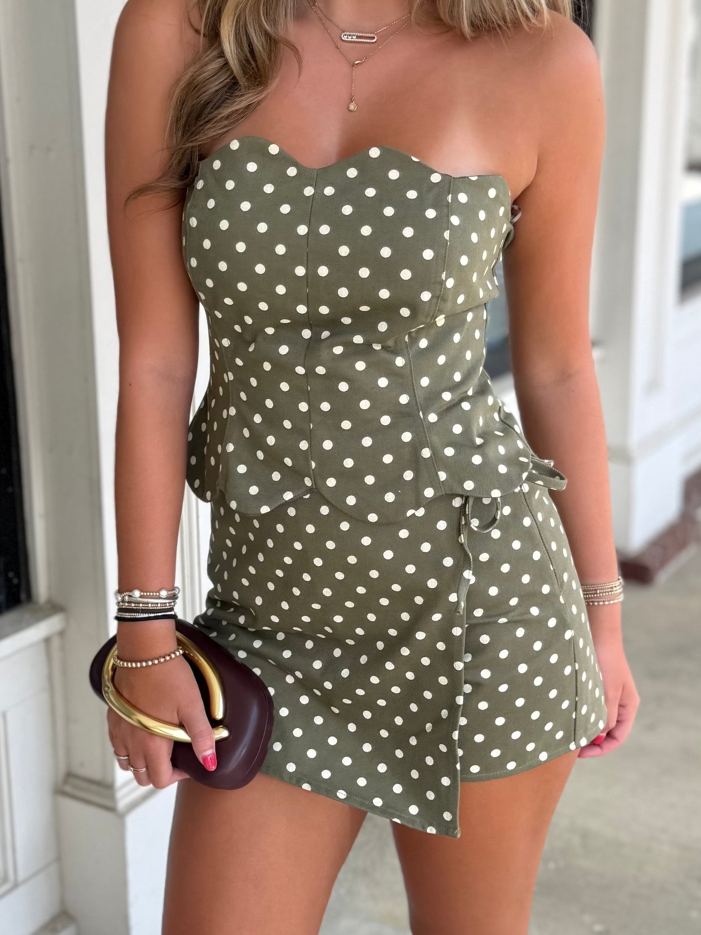Olive Dot Denim Wrap Skort
