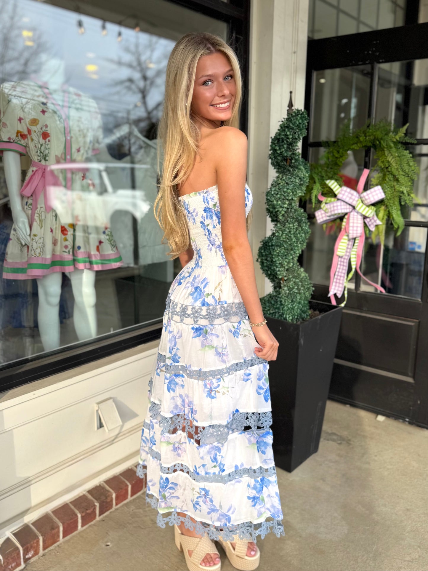 Floral Smocked Lace Trim Midi