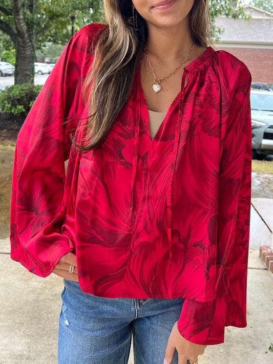 Red Floral Tie Blouse