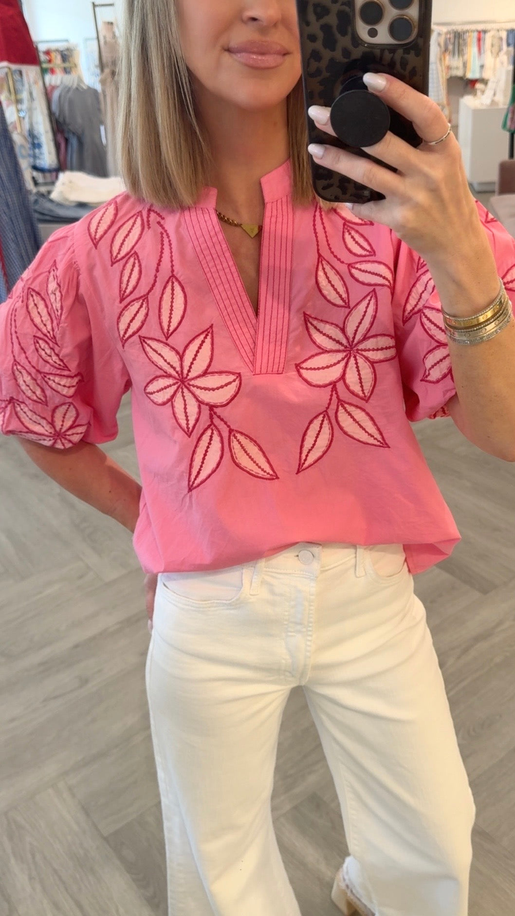 Embr. Puff Sleeve Top