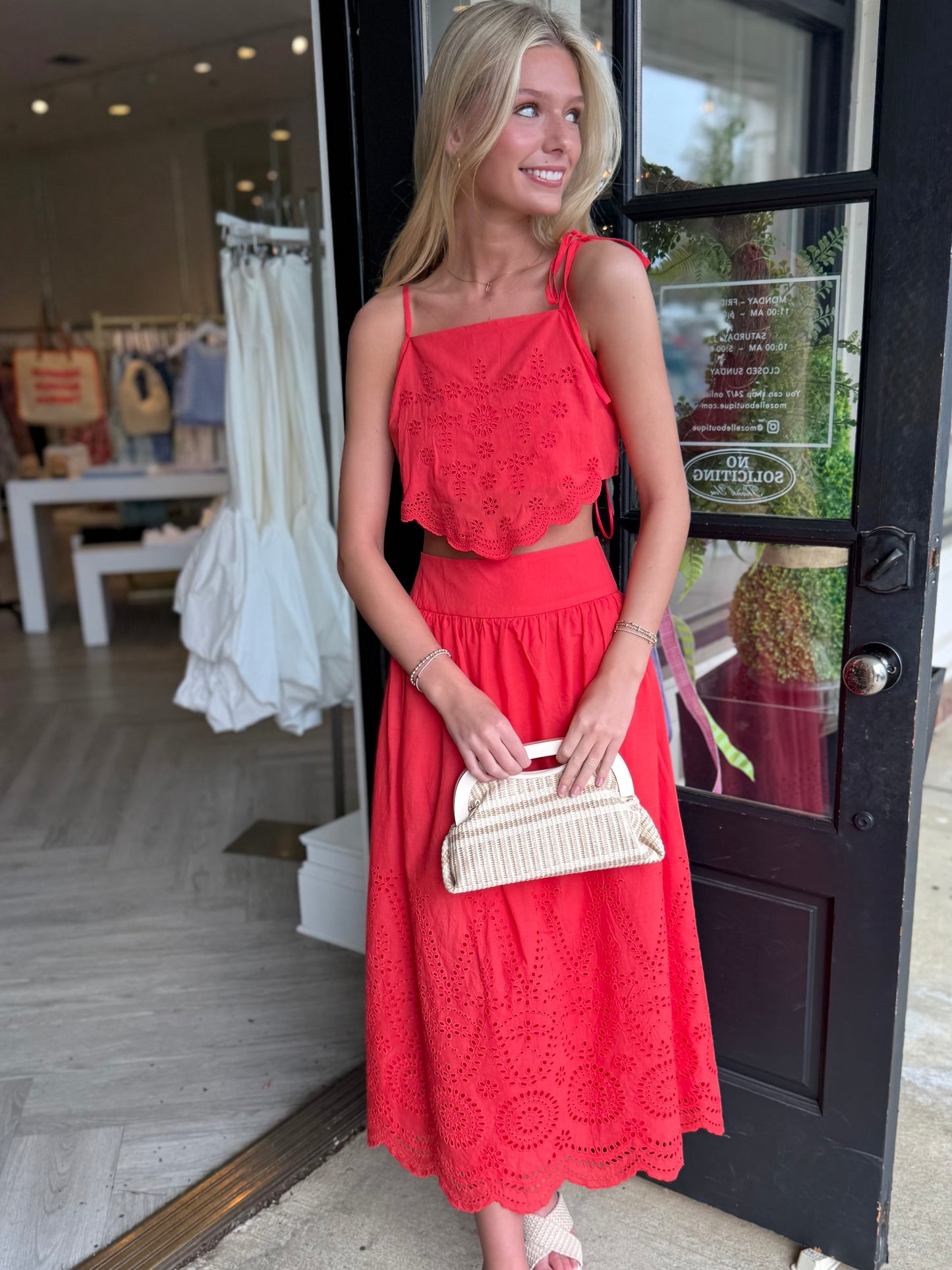 Tomato Eyelet Scallop Hem Top
