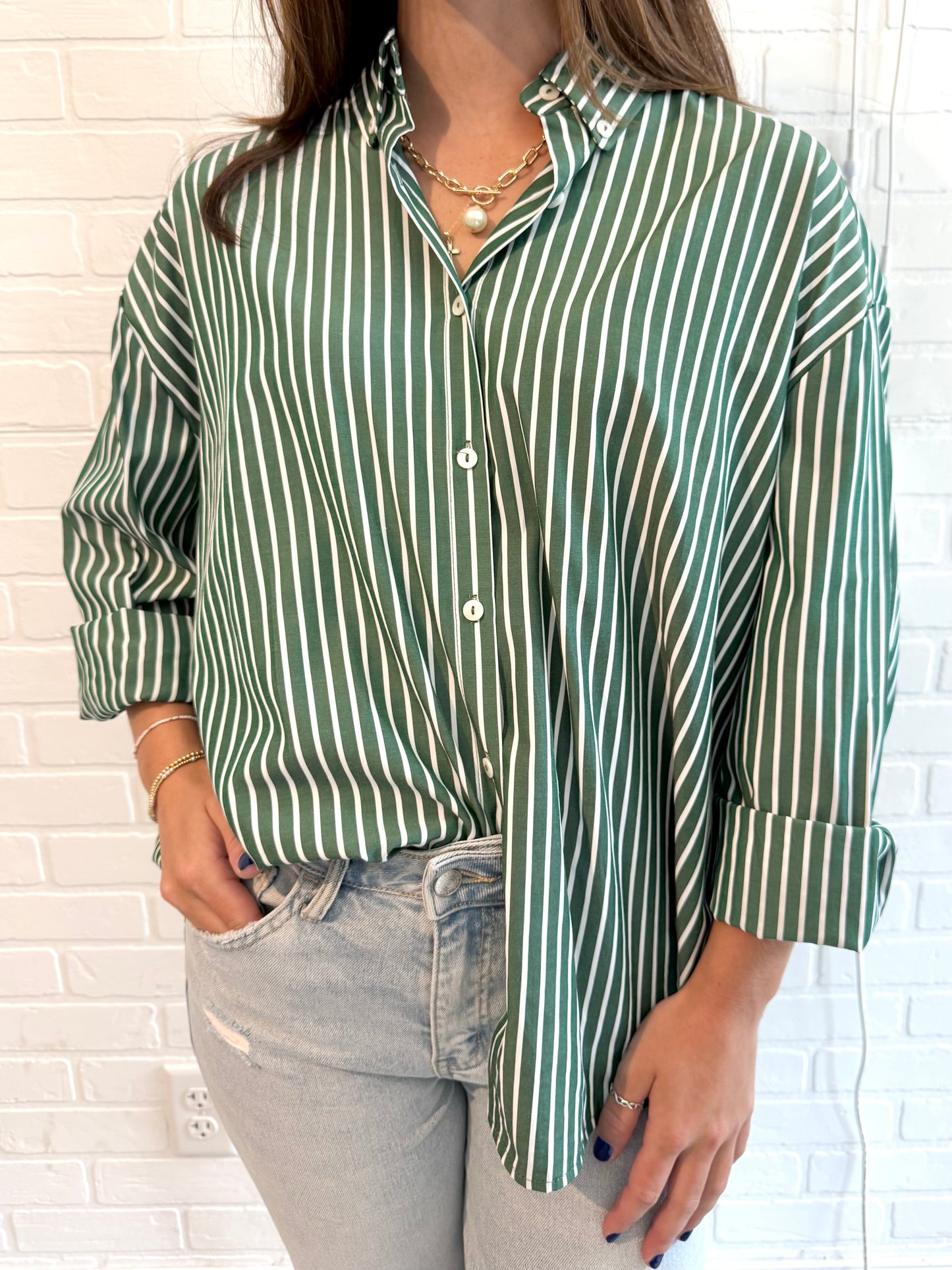 Green/White Stripe Button Down