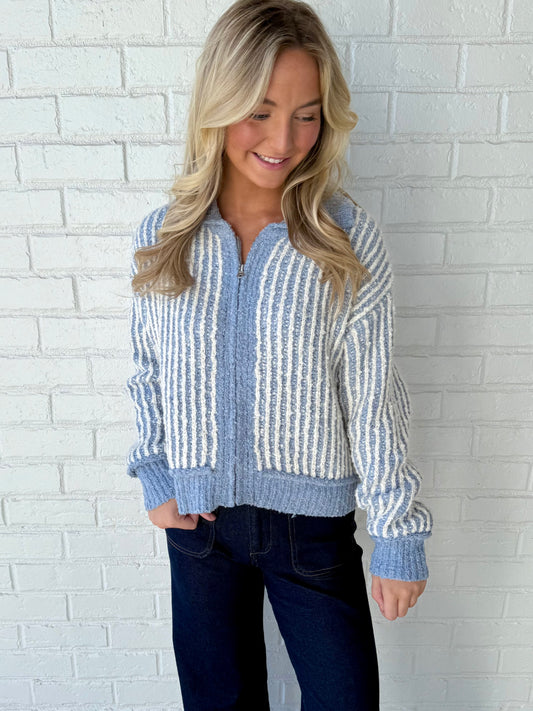Blue/White Fuzzy Zip Sweater