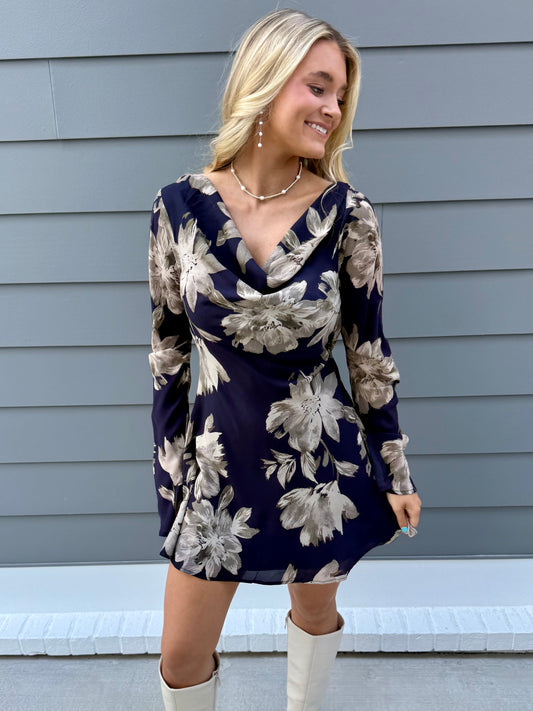 Black/Navy Floral Mini Flare Dress
