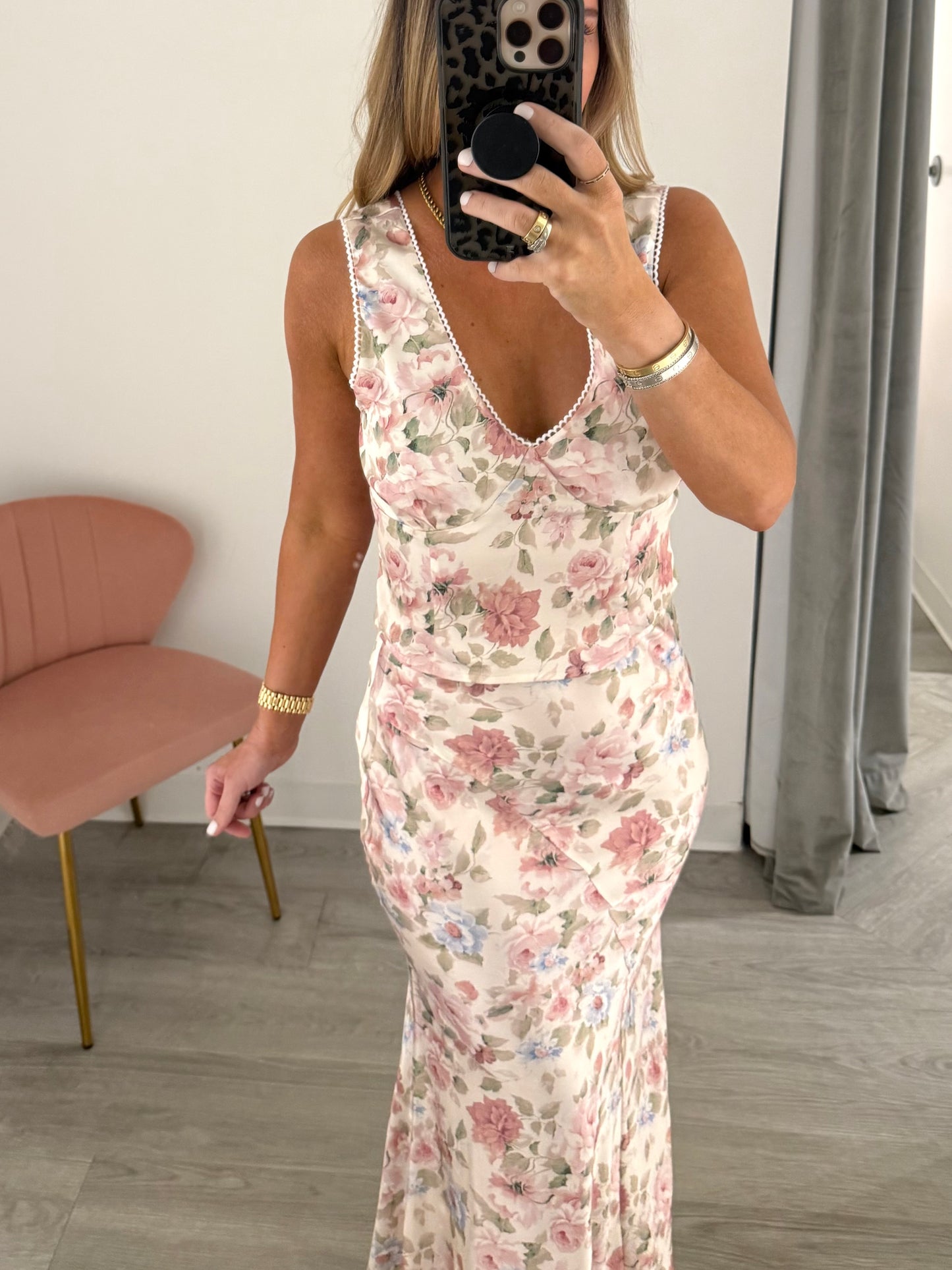 Ivory Floral Bias Midi Skirt