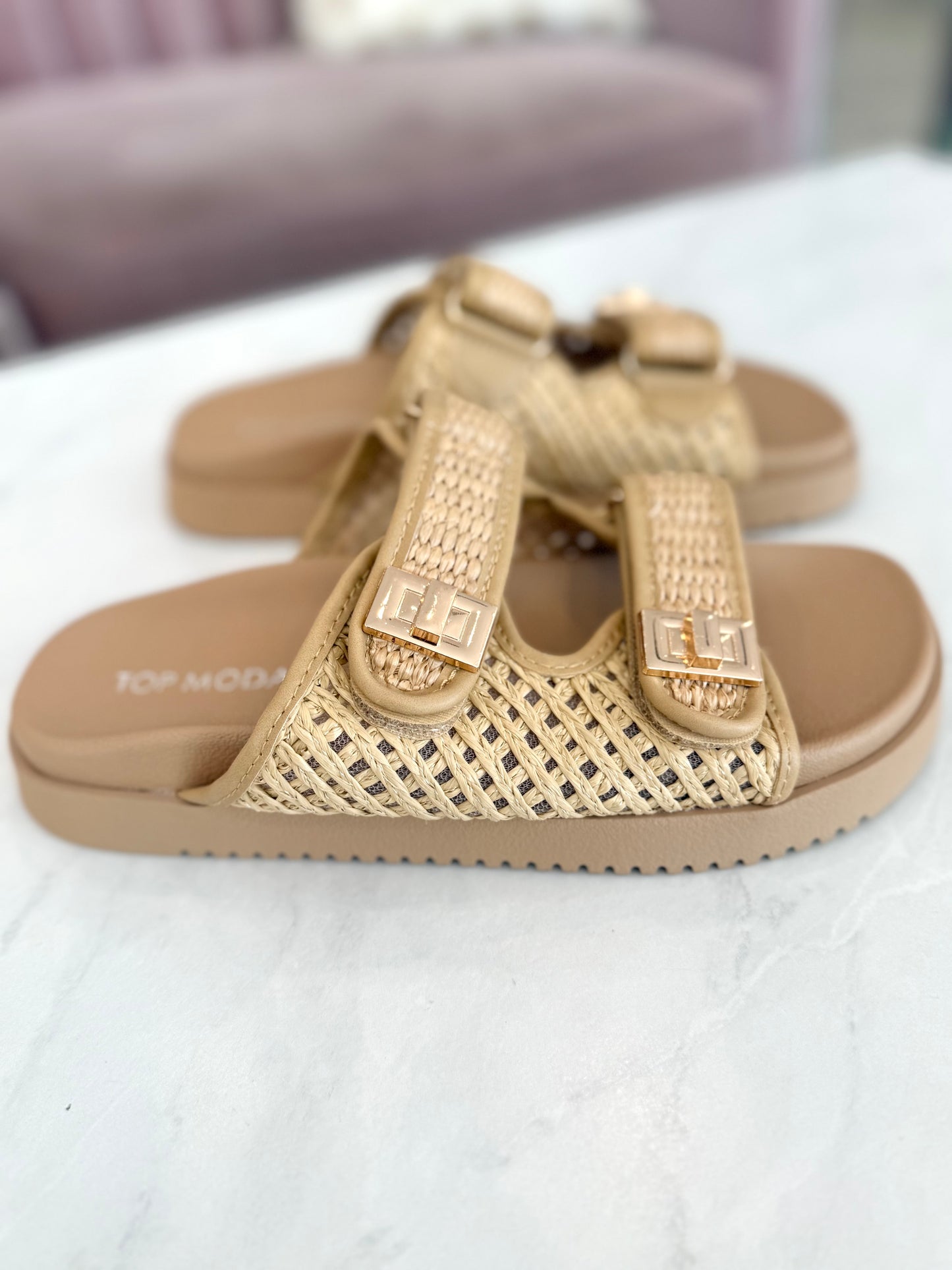 Beige Raffia Double Strap Sandal