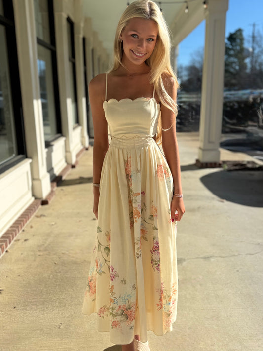 Natural Scallop Flower Midi Dress