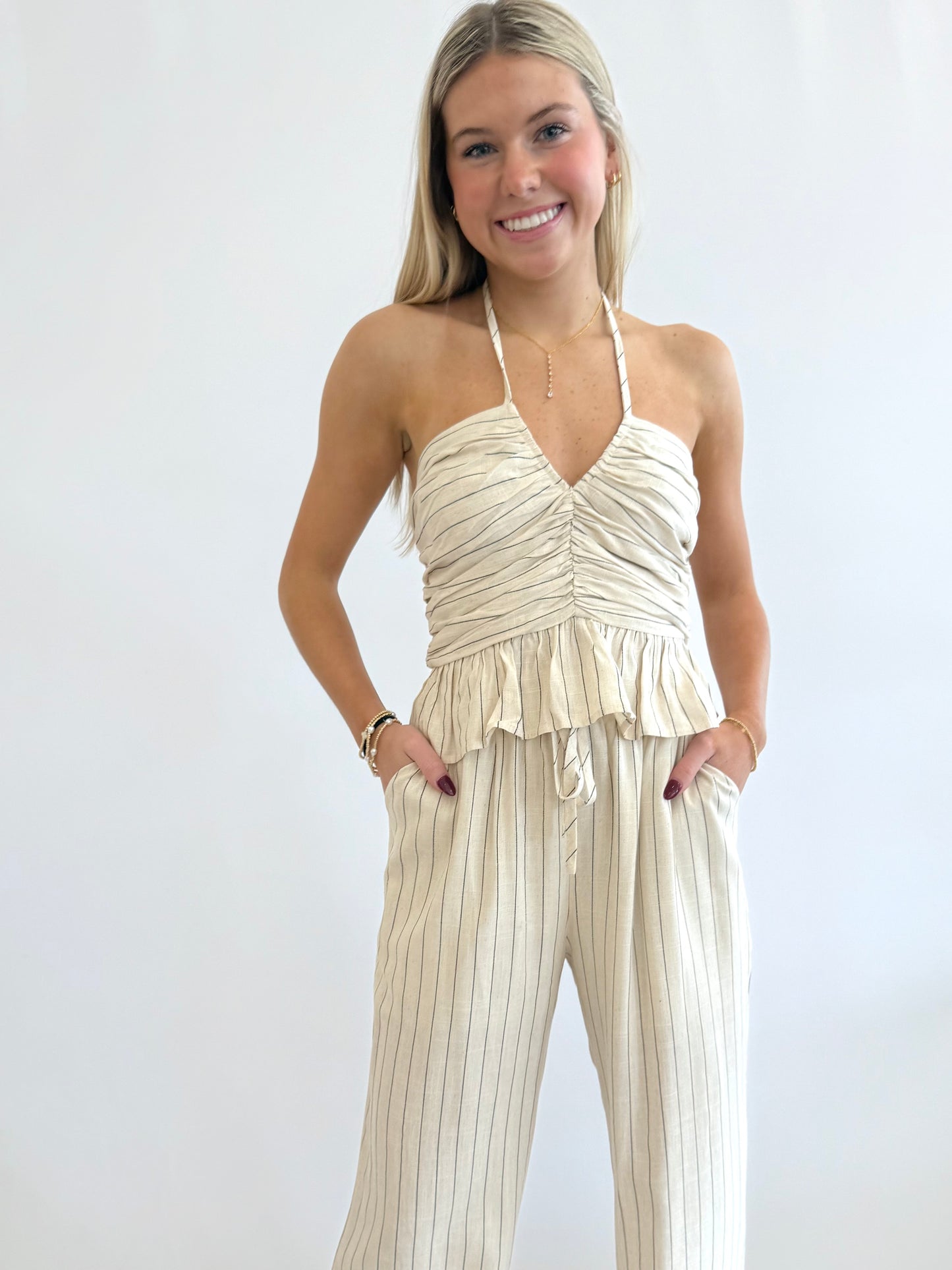 Linen Stripe V-Neck Halter Top