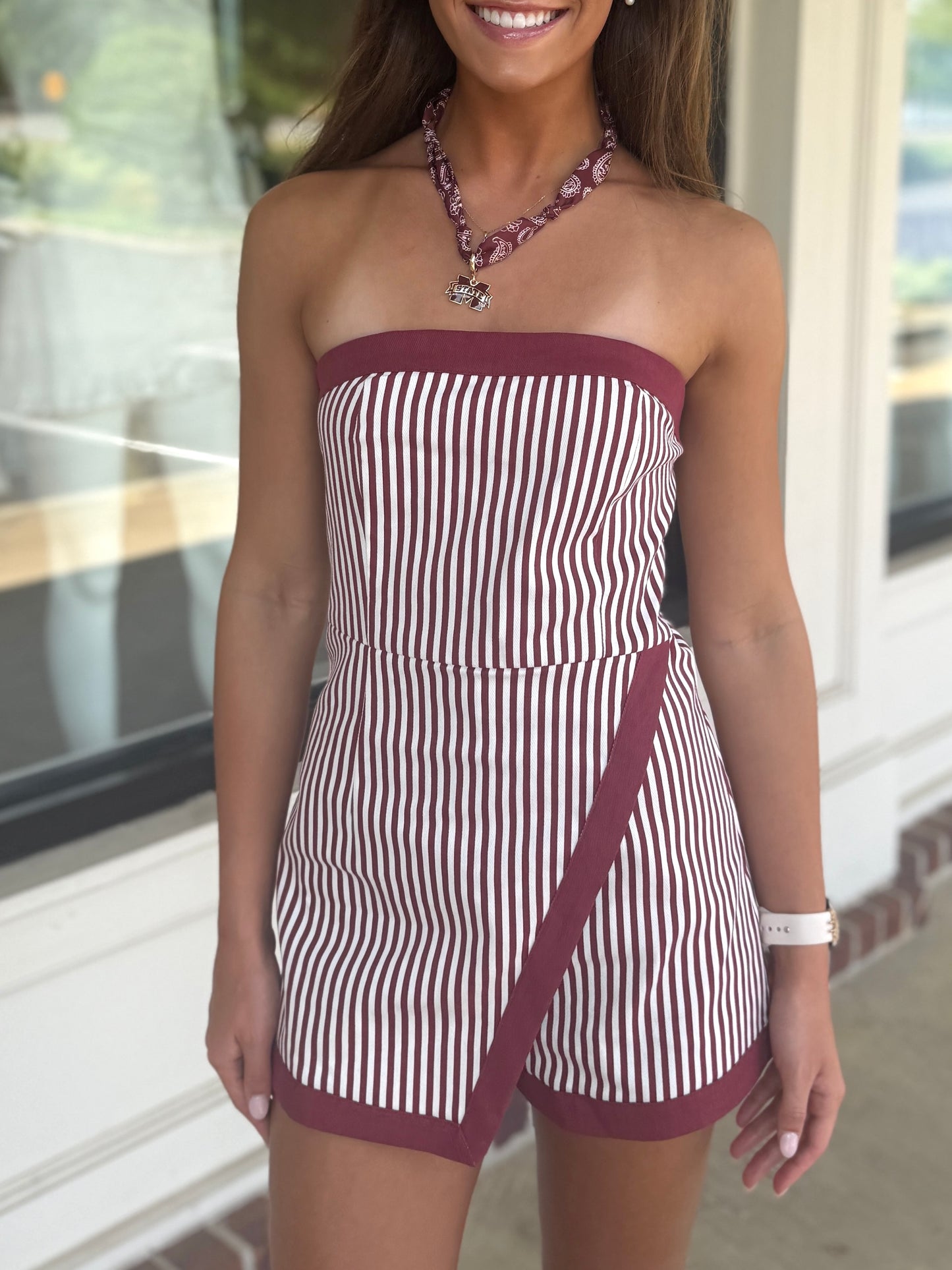 Denim Maroon Stripe Romper