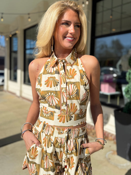 Seashell Grid Backless Halter Top