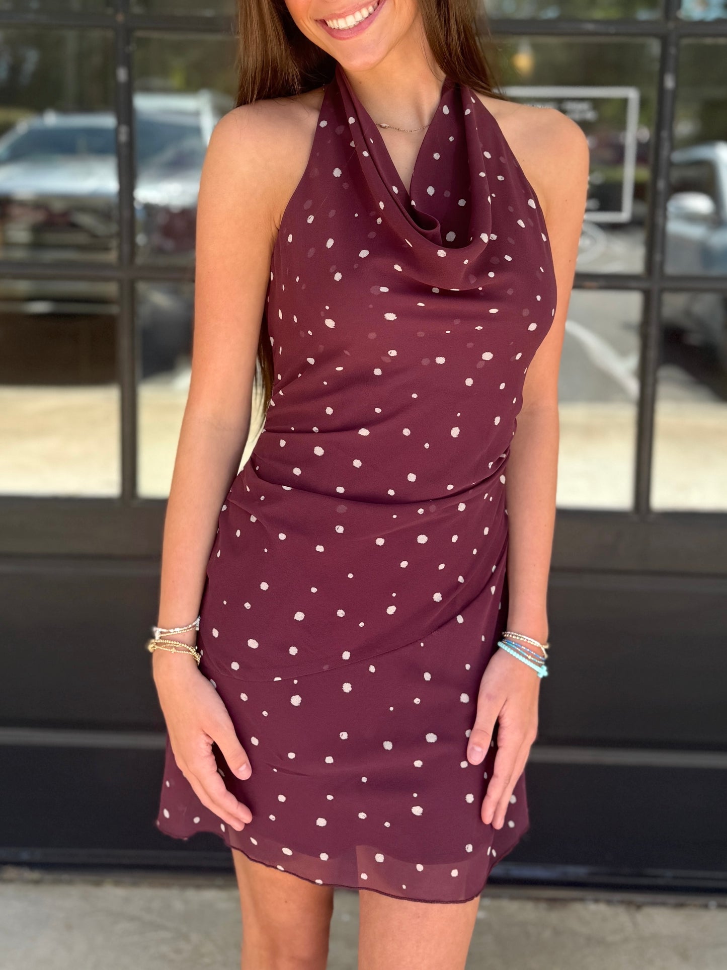 Maroon Ruched Polka Dress