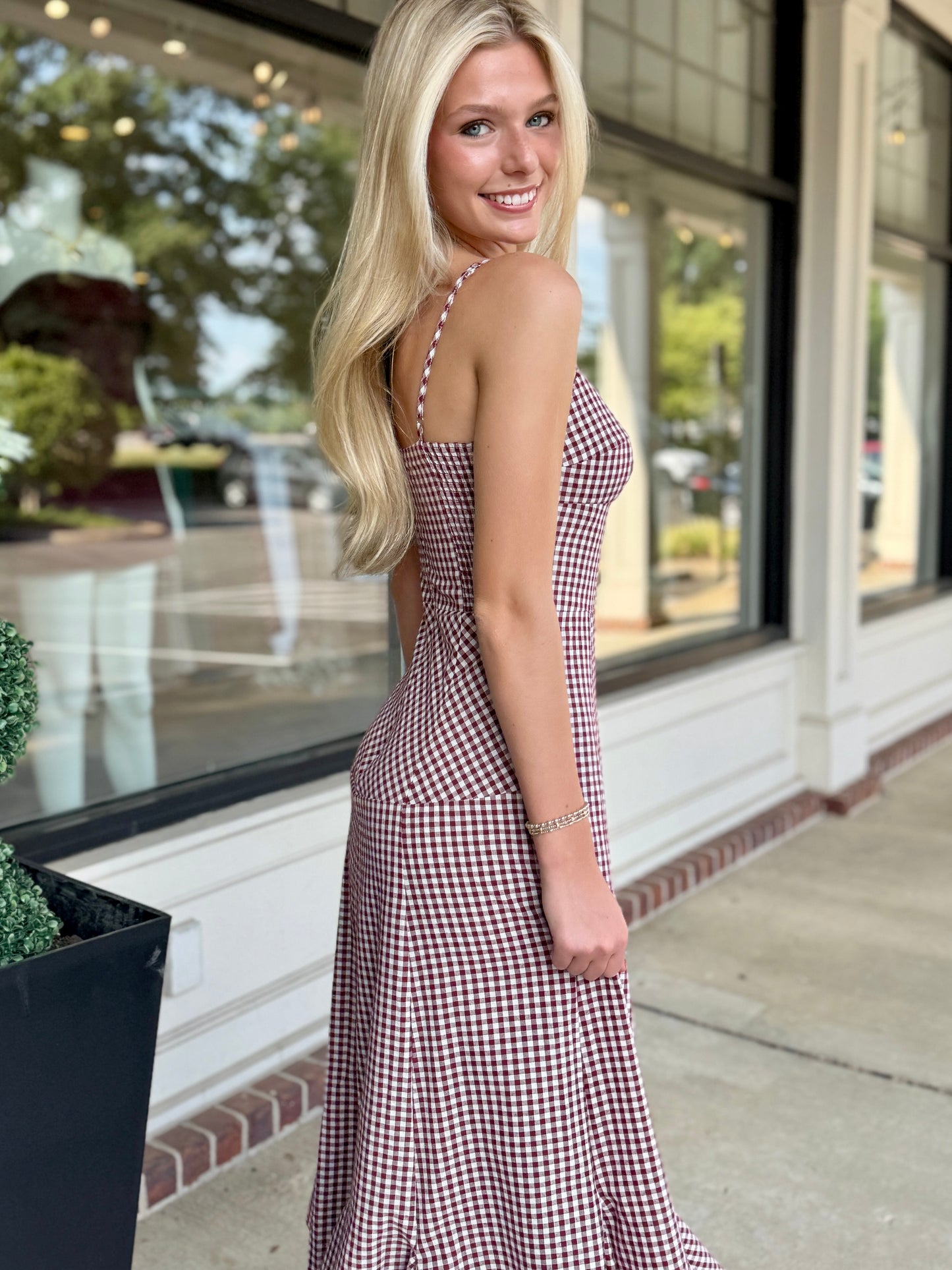 Burgundy Checker Ruffle Maxi