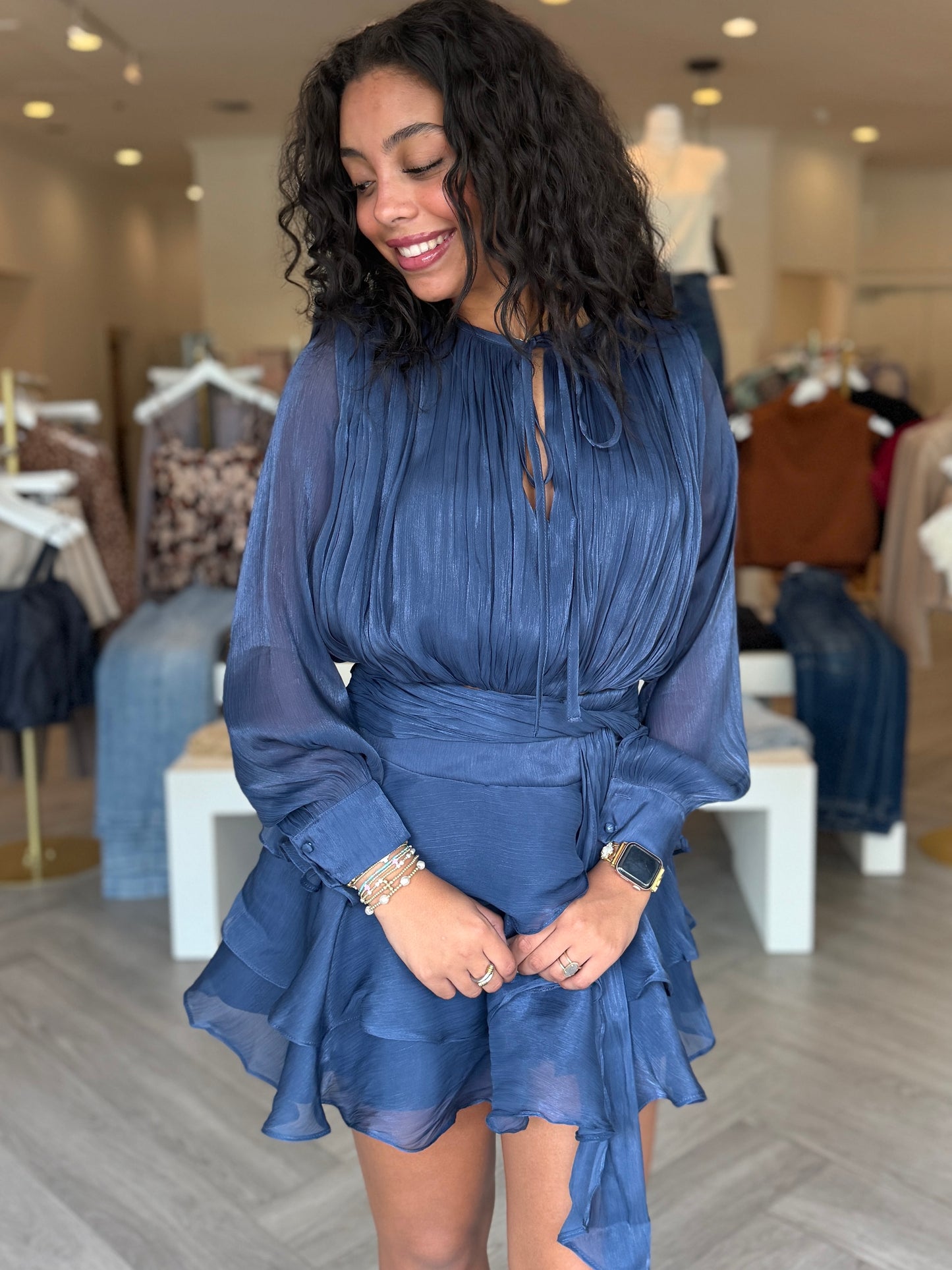 Navy Shimmer Ruffle Top