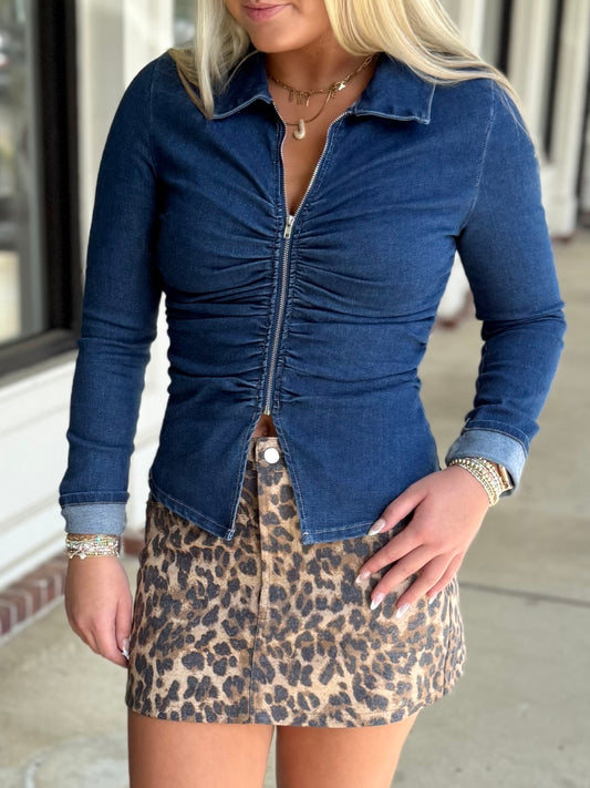 Denim Ruched Zip Up