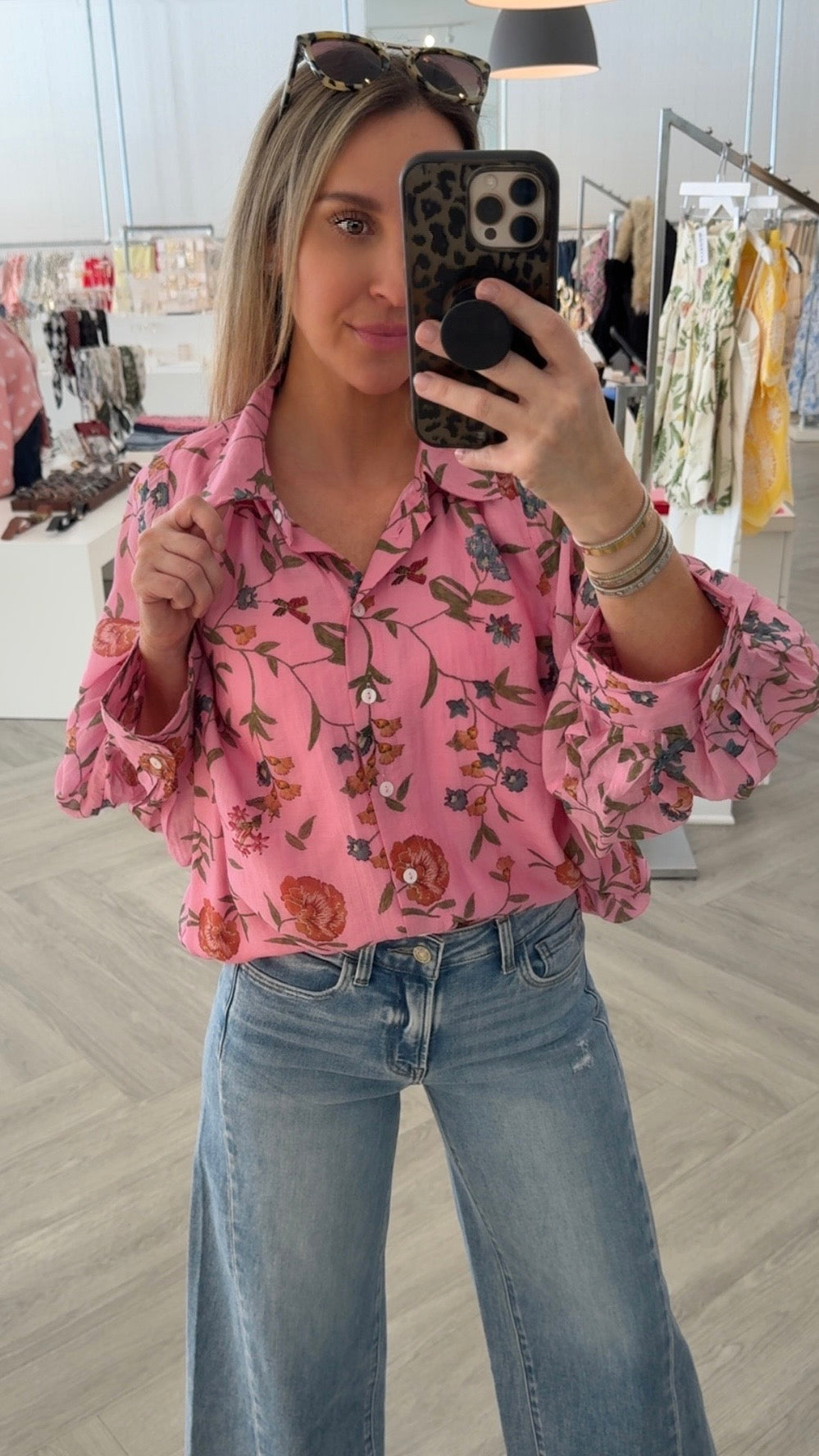 Pink Floral Button Top