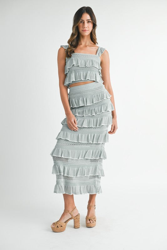 Dusty Mint Ruffle Midi Skirt