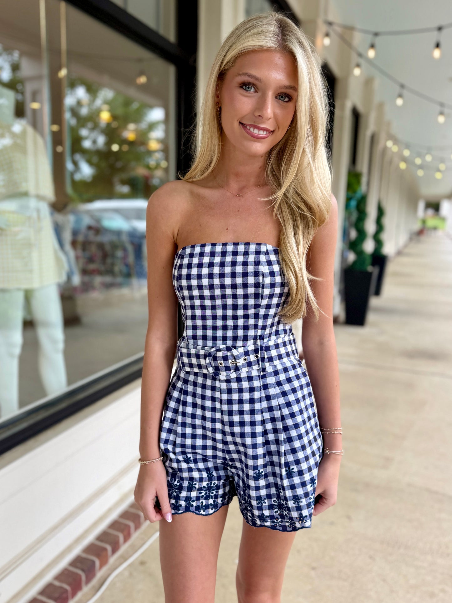 White/Navy Check Romper