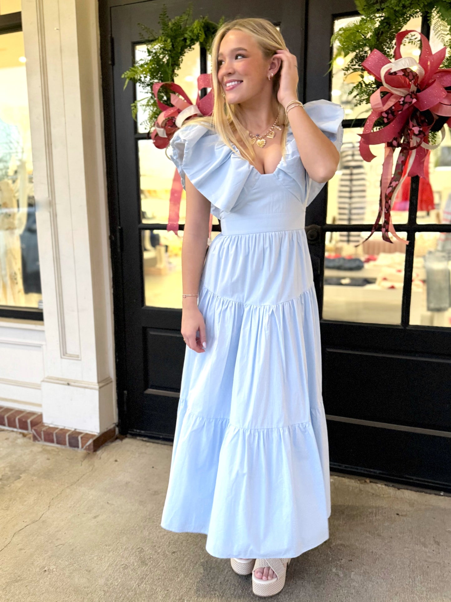 Blue V-Neck Ruffle Tiered Maxi