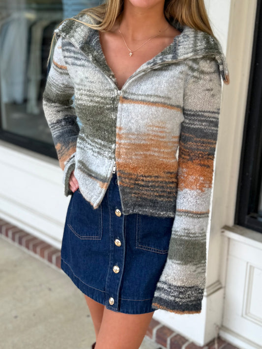 Olive Knitted Turtle Neck Zip Up