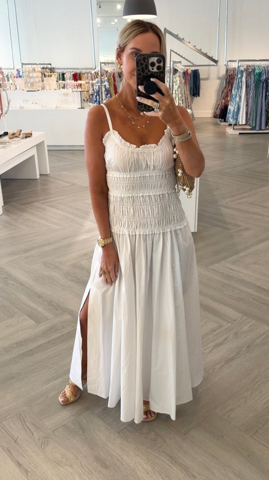 White Smocked Slit Maxi