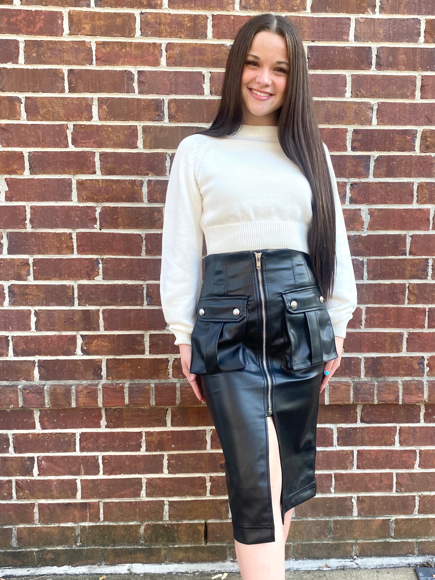 Black Midi Leather Cargo Skirt