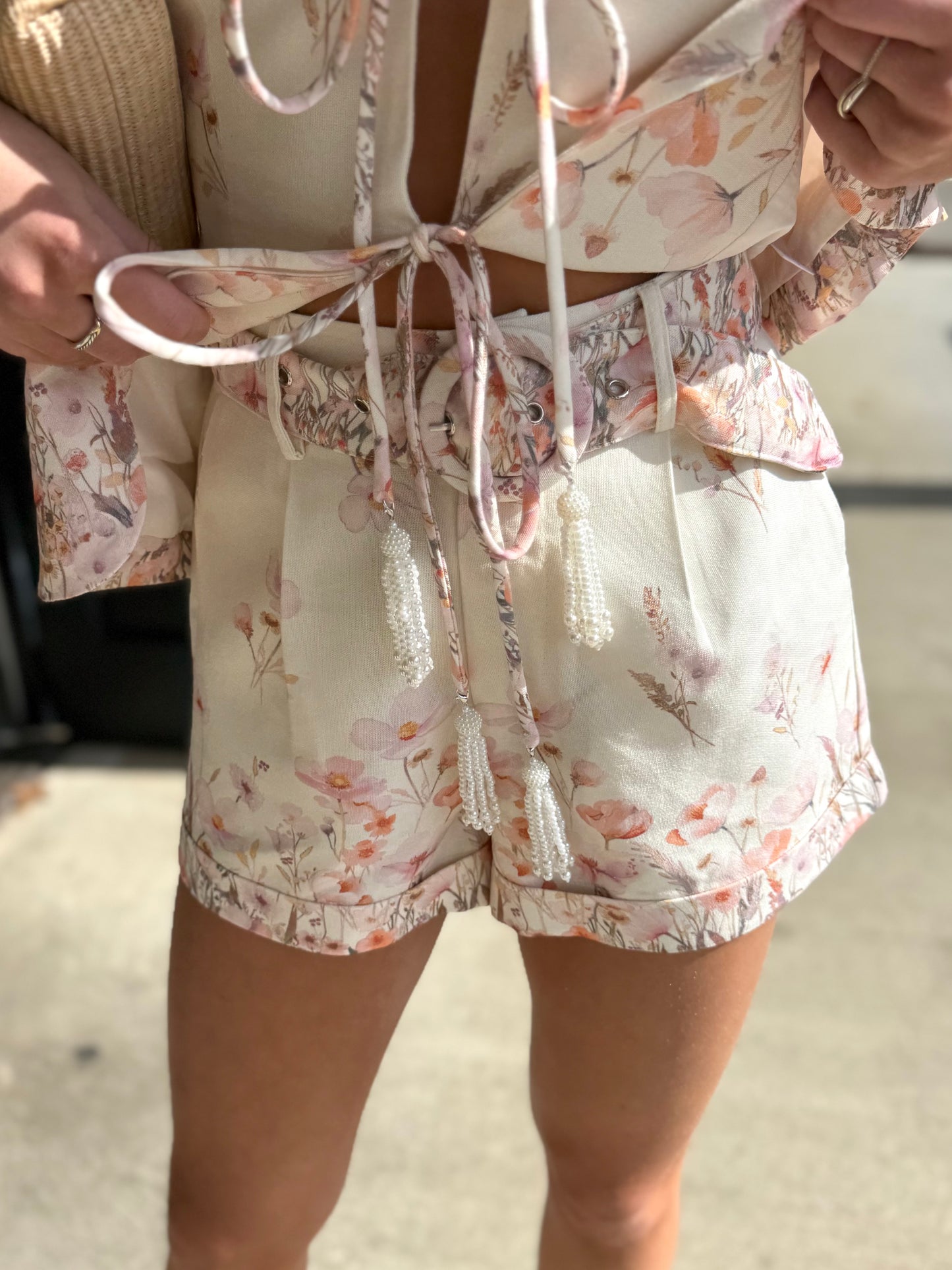 Cream Floral Tassel Front Tie Vest