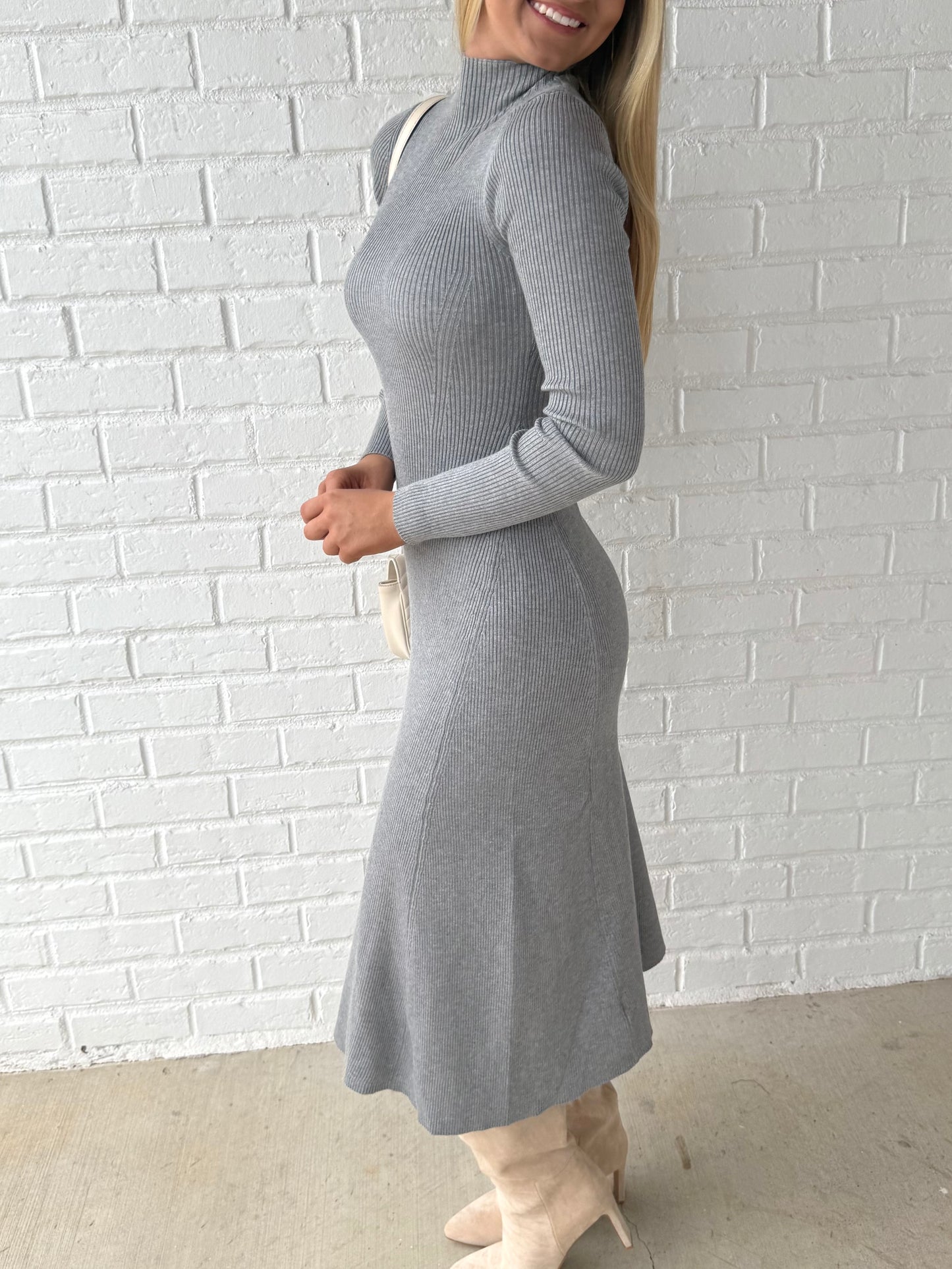 Grey Mock Neck Flare Dress
