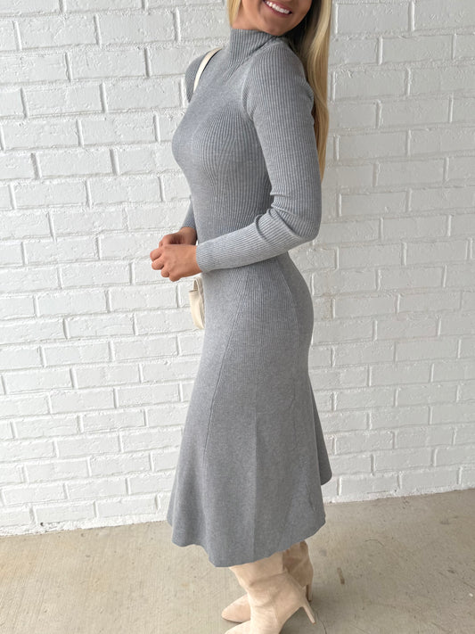 Grey Mock Neck Flare Dress