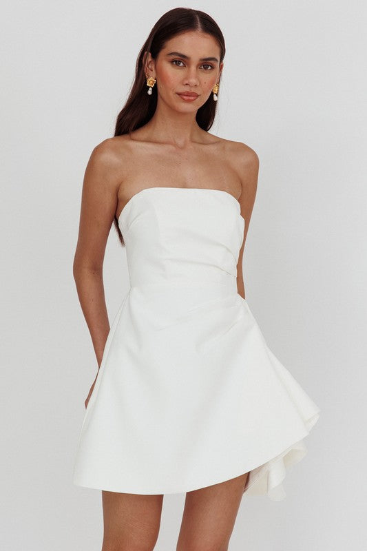 White Strapless Ruched Dress