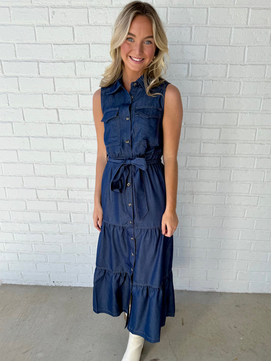 Denim Belted Ruffle Maxi
