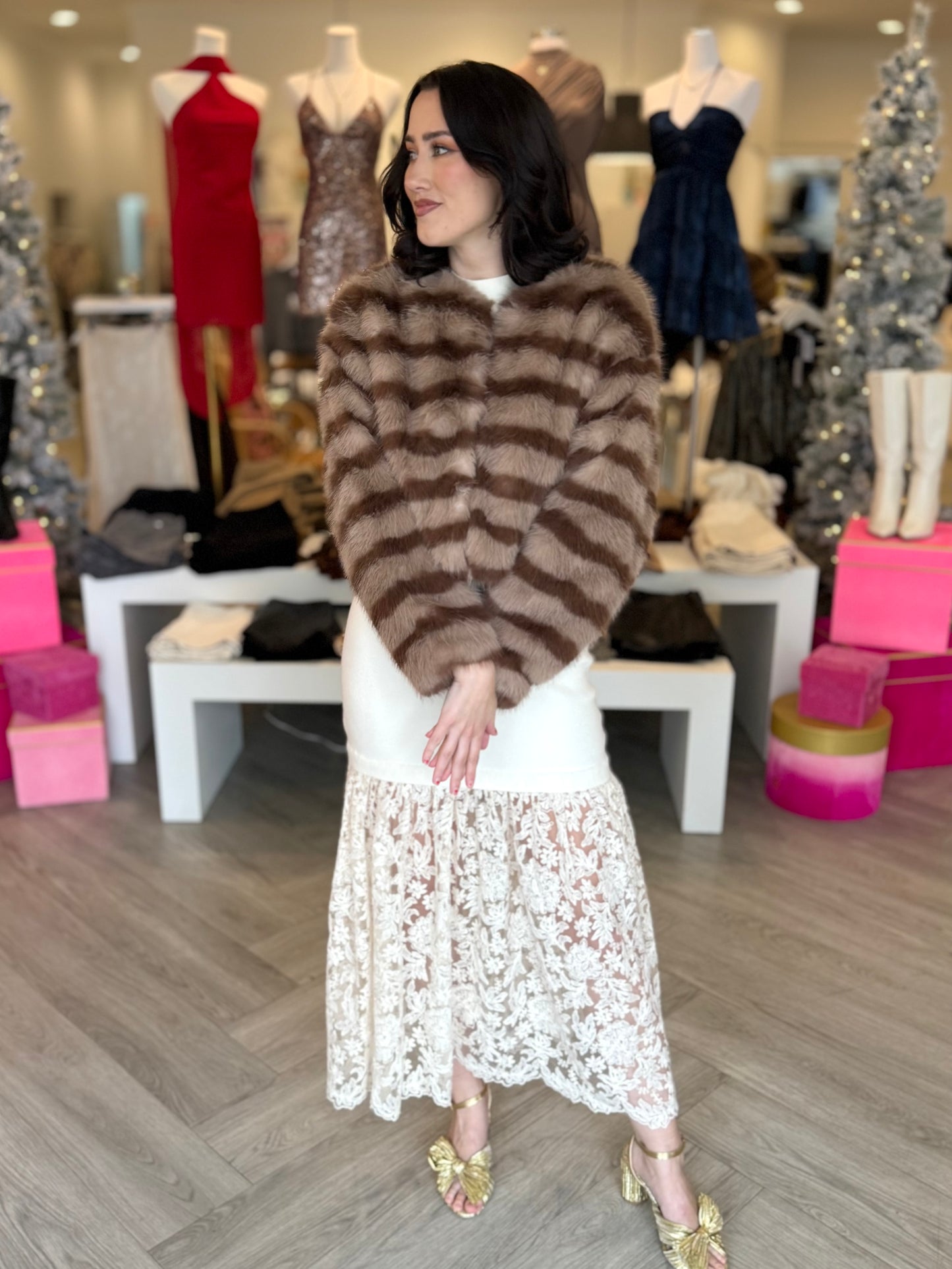 Mocha Brown Stripe Fur Jacket
