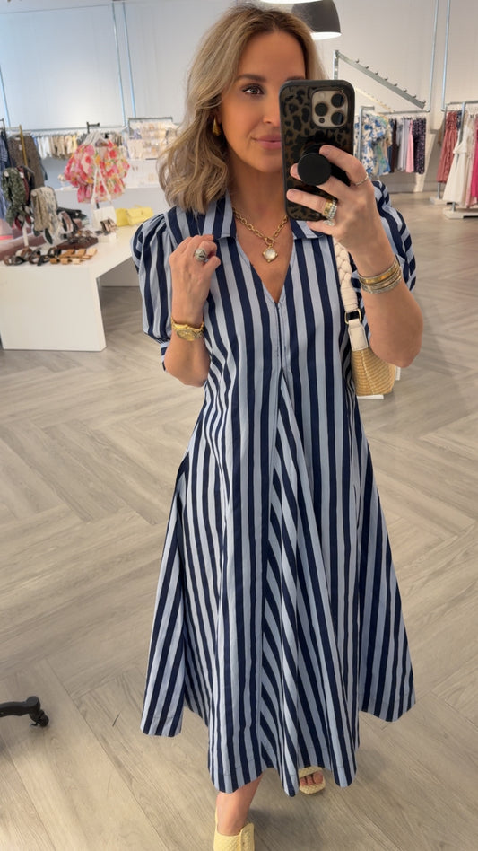 Blue Striped V-Neck Midi