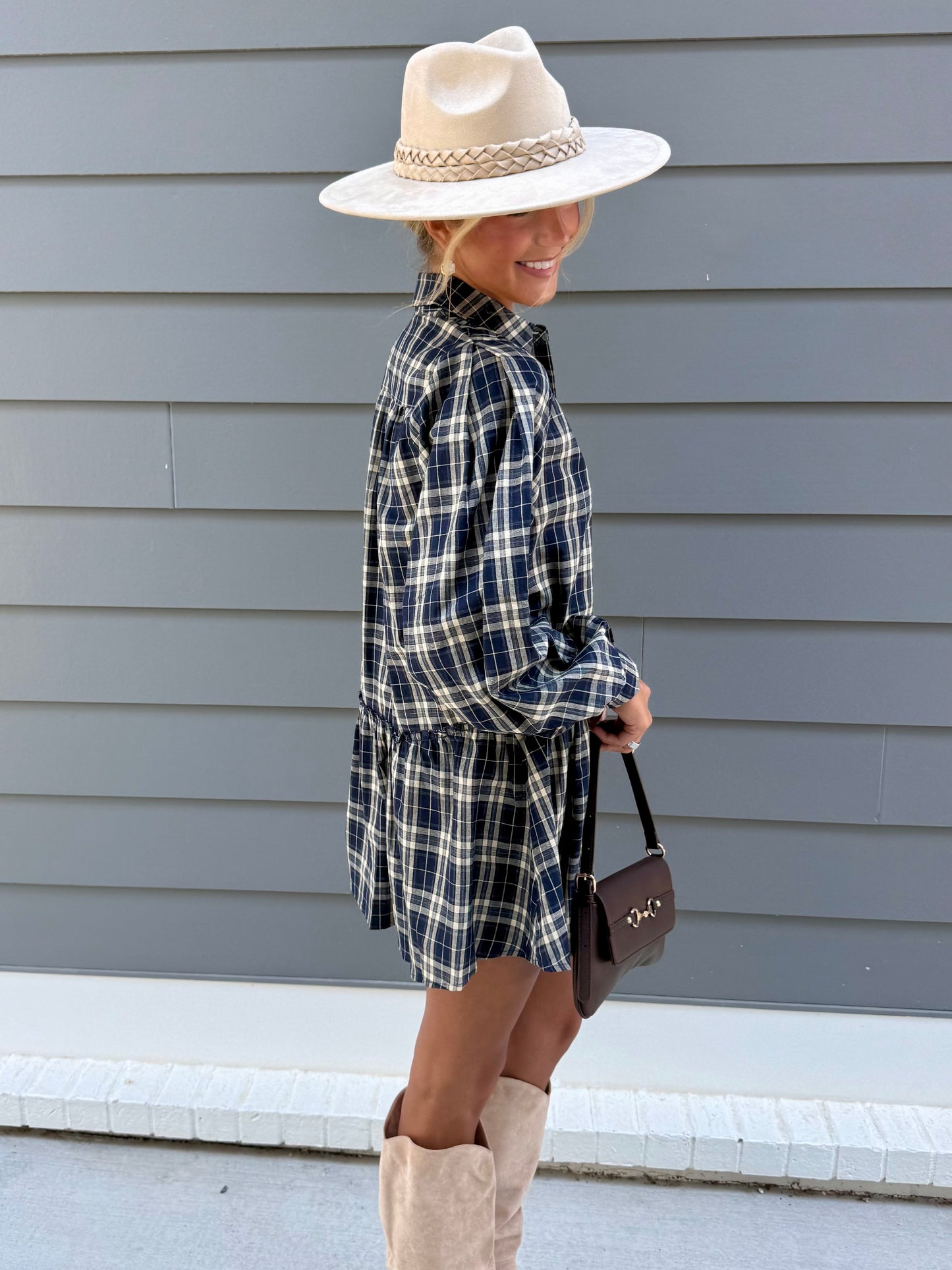 Navy Plaid L/S Dress
