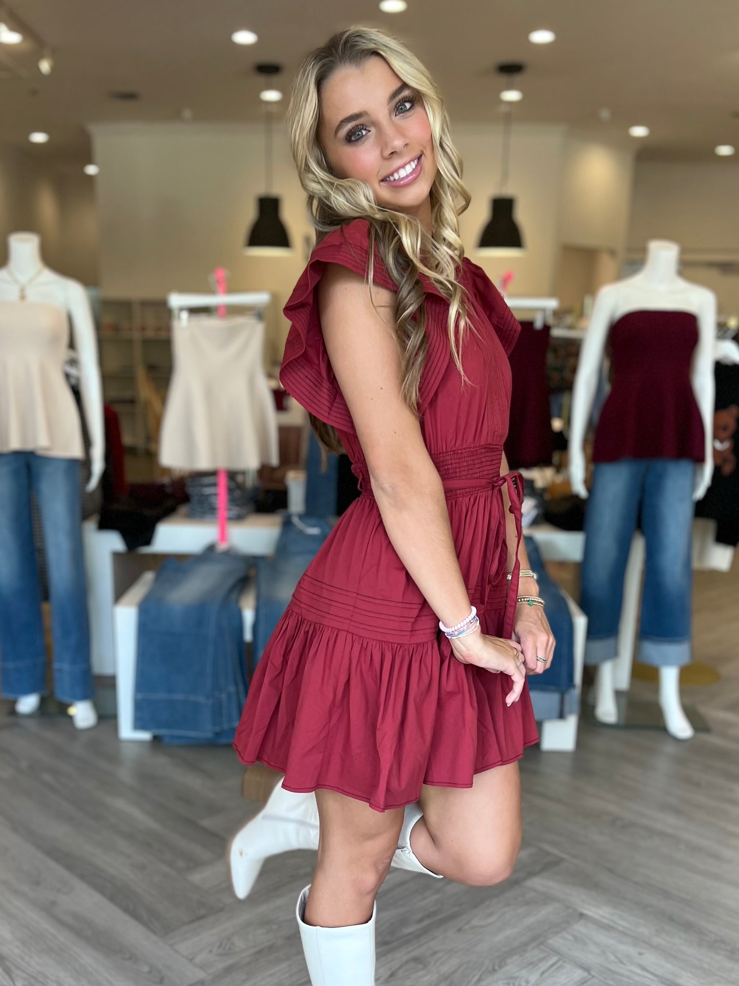 Burgundy Smocked Front Tie Dress