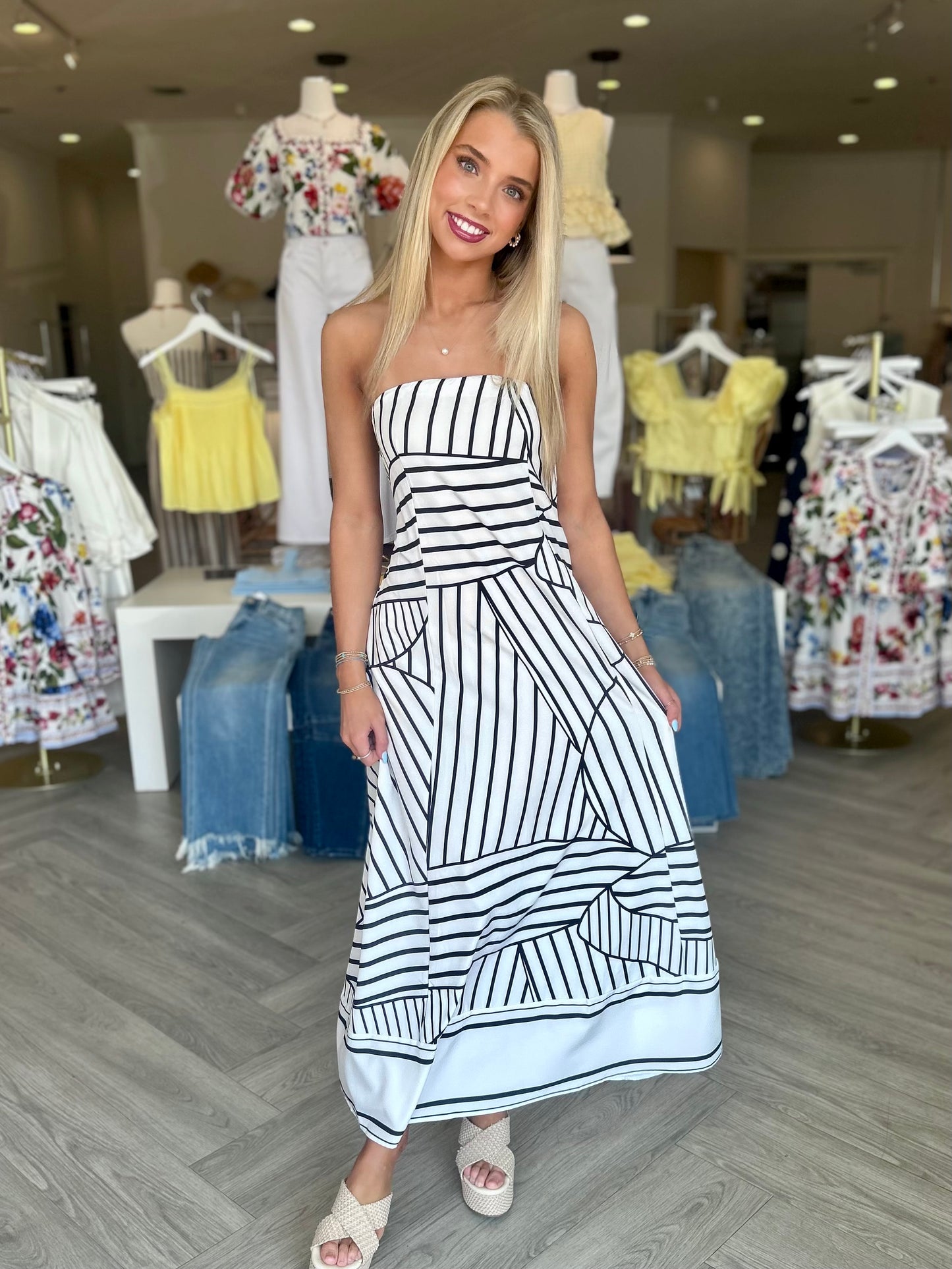 Black Blocked Out Stripe Tube Midi