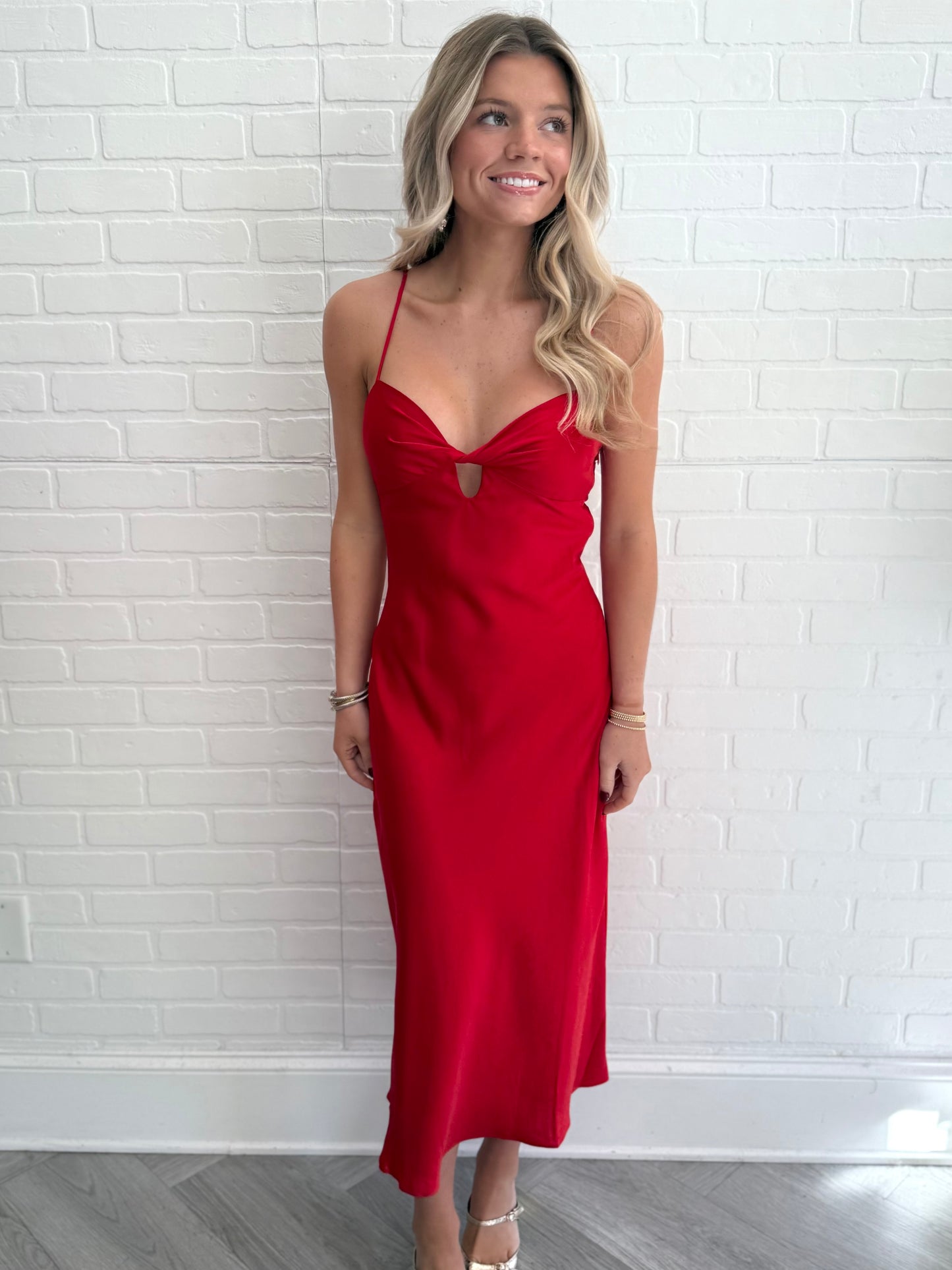 Red Satin Midi Dress