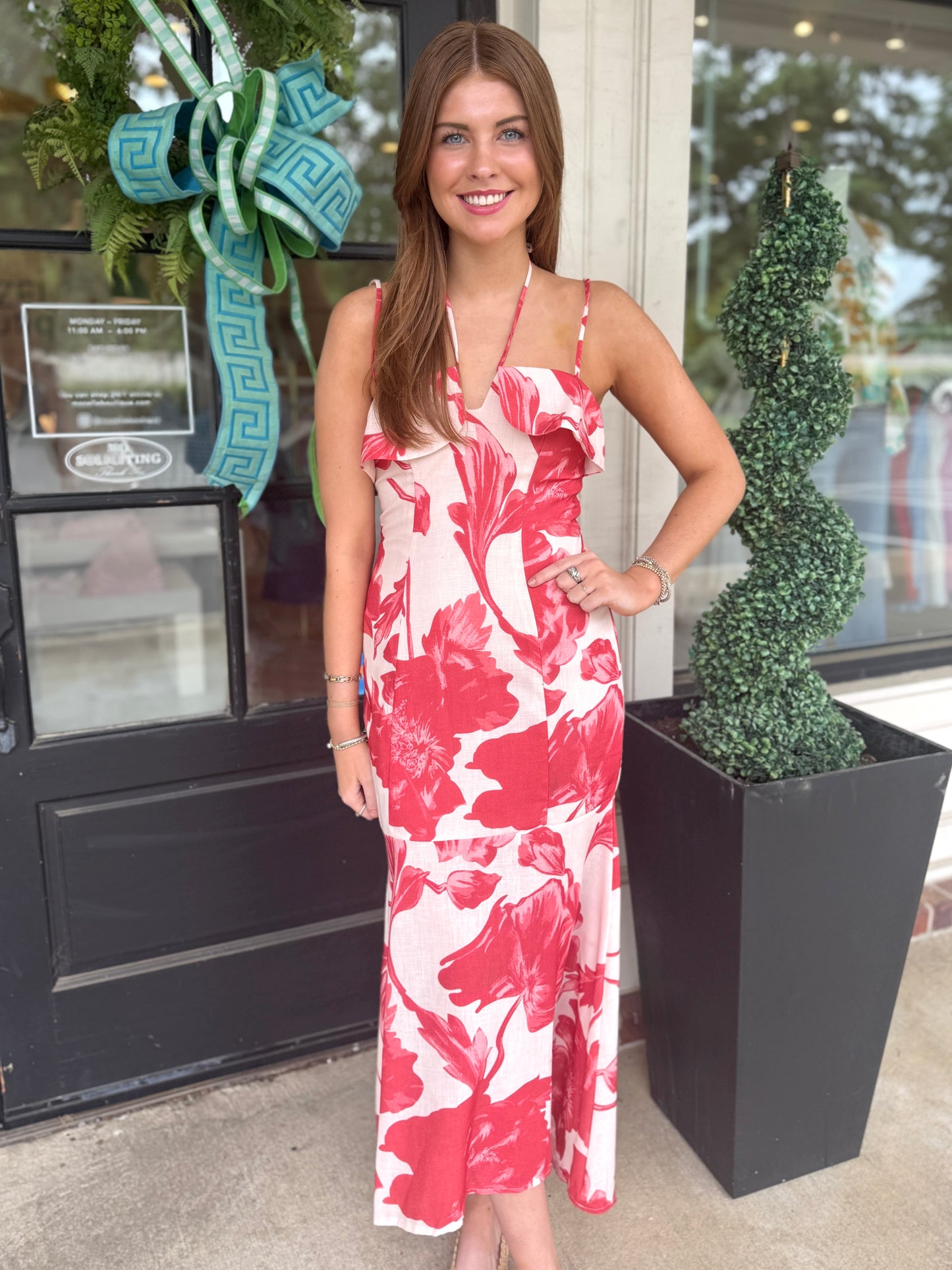 Red Floral Ruffle Maxi