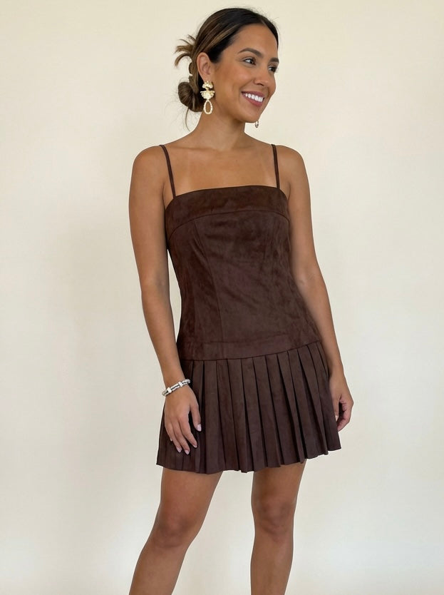 Coffee Suede Pleated Mini