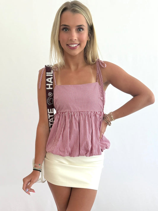 Red-White Bubble Hem Top