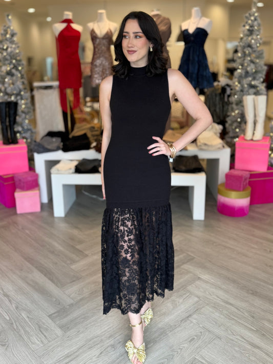 Black Lace Mock Neck Dress