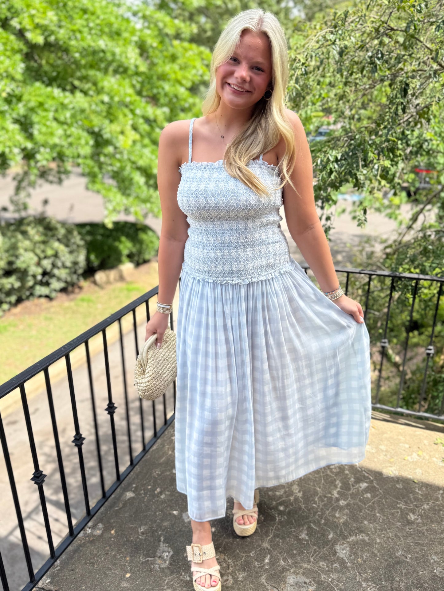 Blue Smocked Gingham Maxi