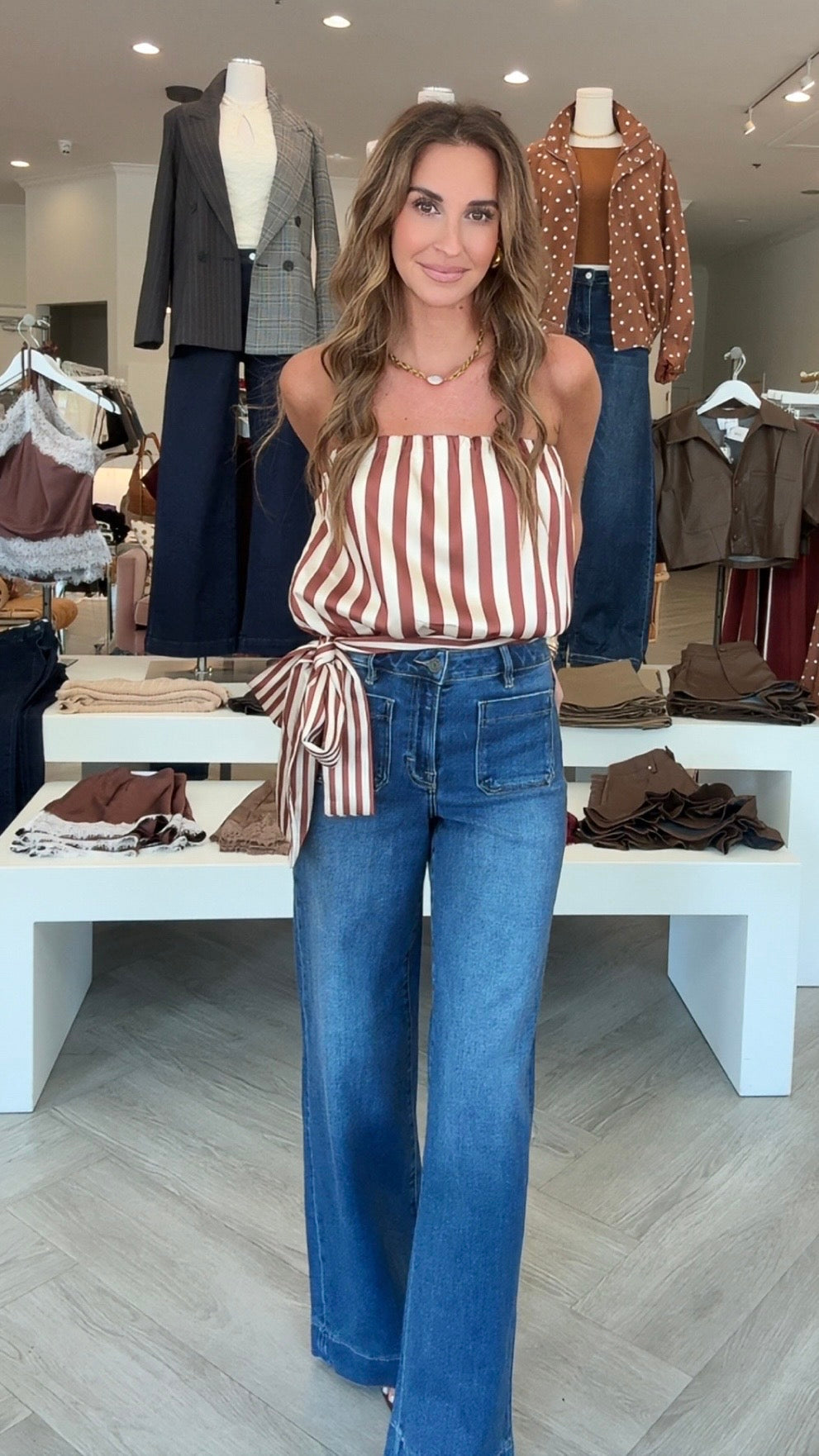 Brown Satin Strapless Top