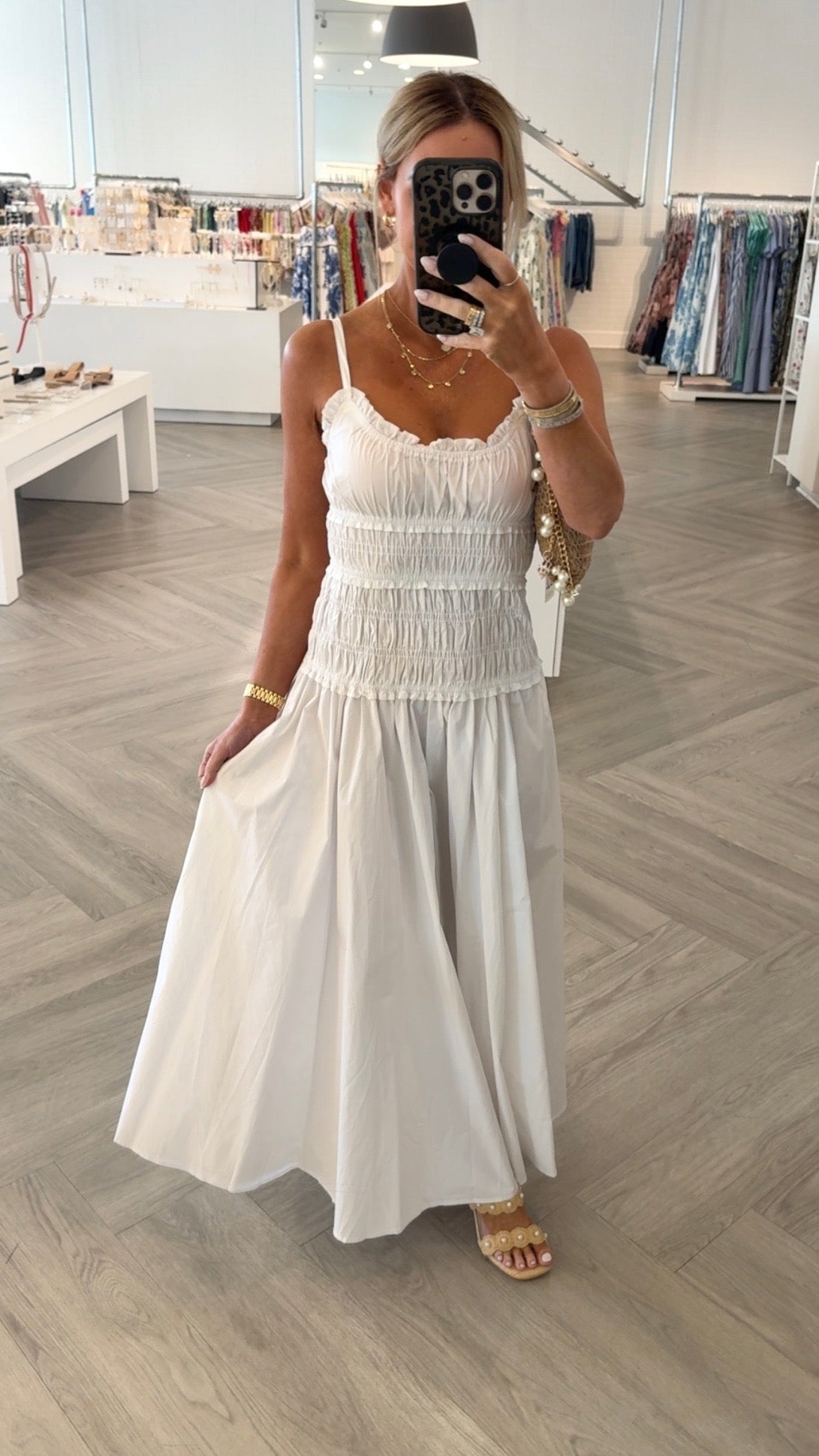 White Smocked Slit Maxi