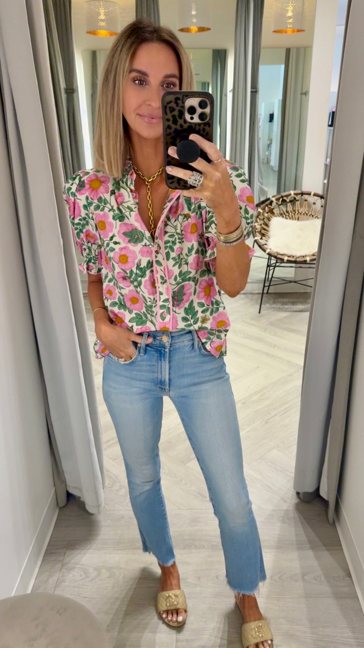 Pink Floral Cuffed Sleeve Top