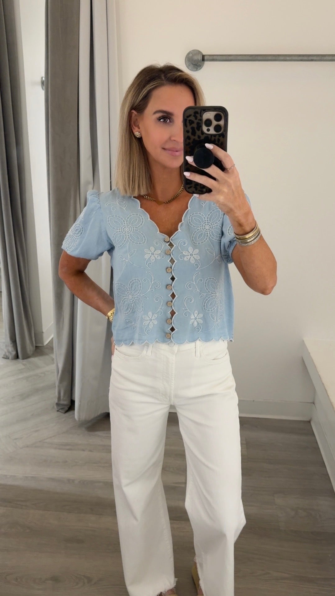 Chambray Scallop Trim Puff Top
