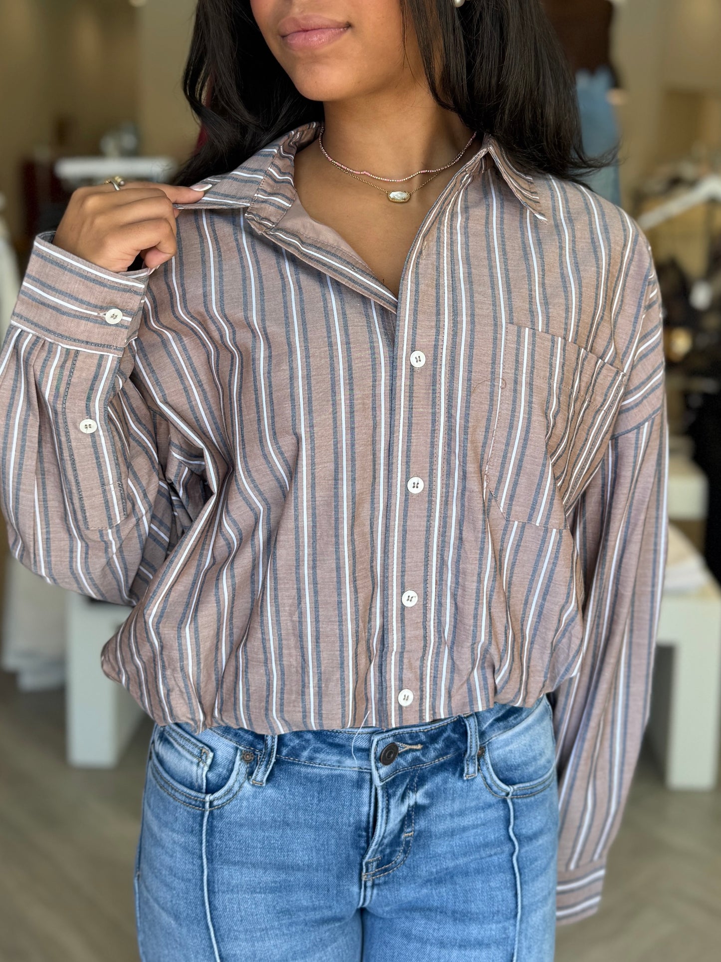 Brown Stripe Bubble Hem Top