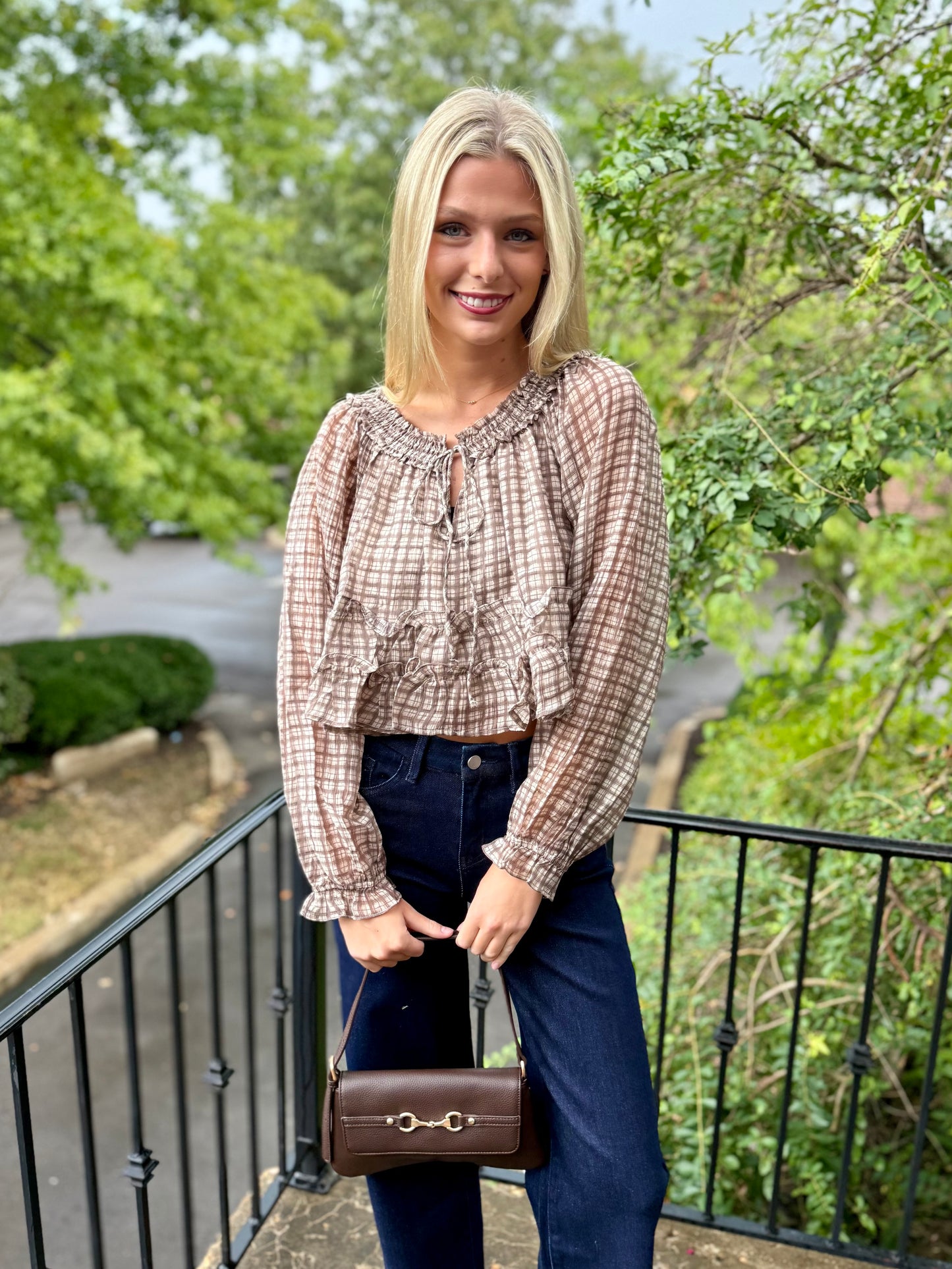 Brown Plaid Smocked Top