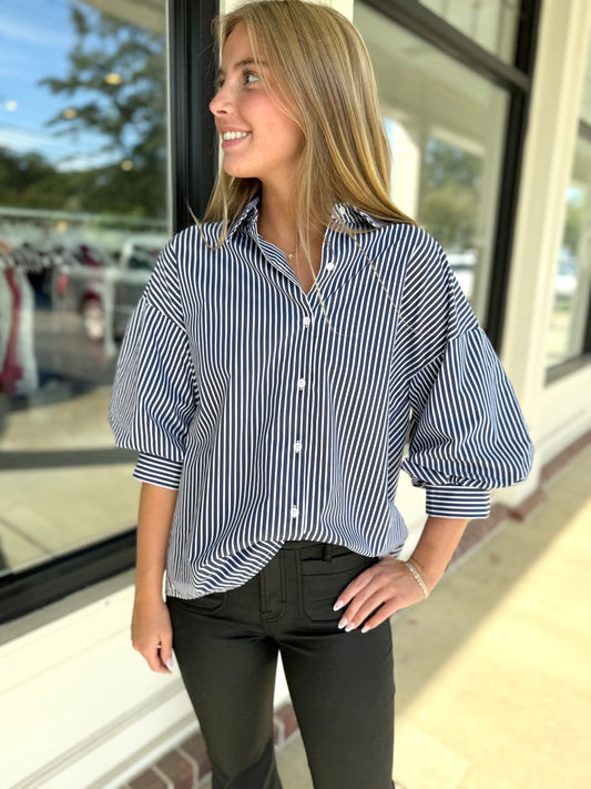 Navy Stripe Button Shirt