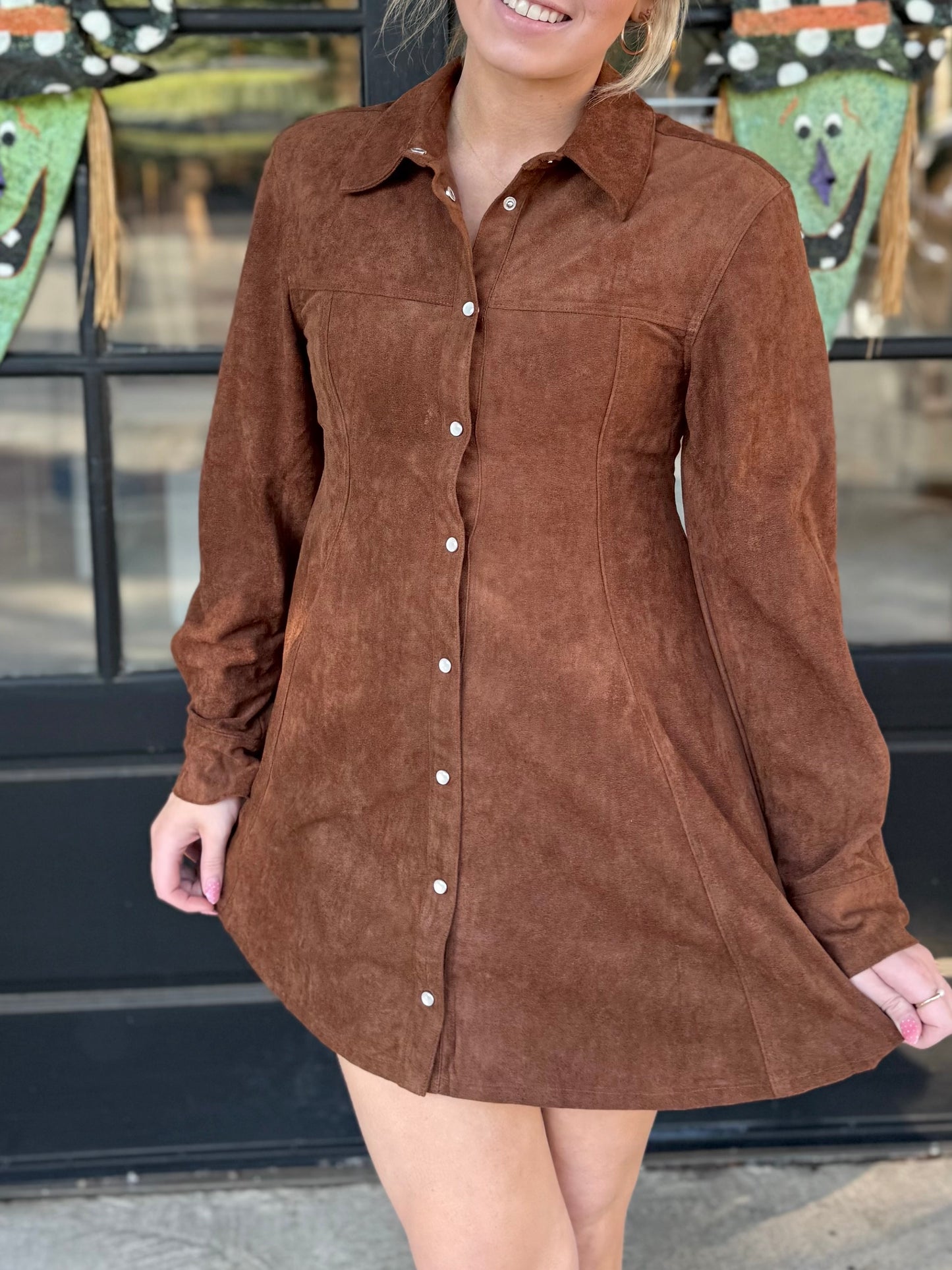 Brown Button Down Suede Dress